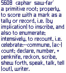 Definition of Hebrew 5608 from Strongs Concordance  H5608 ספר sâphar saw-far' A primitive root; properly to score with a mark as a tally or record, that is, (by implication) to inscribe, and also to enumerate; intensively to recount, that is, celebrate: - commune, (ac-) count, declare, number, + penknife, reckon, scribe, shew forth, speak, talk, tell (out), writer.